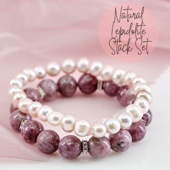 Pearl & Lepidolite Dainty Bracelet Set, Set of 2 Stretch Bracelets - Picture 1 of 11